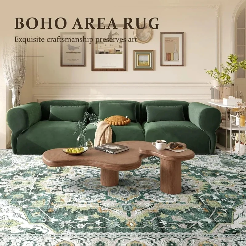 Large Green Boho Area Rug - Washable 9x12 Vintage Indoor Rug for Living Room or Bedroom