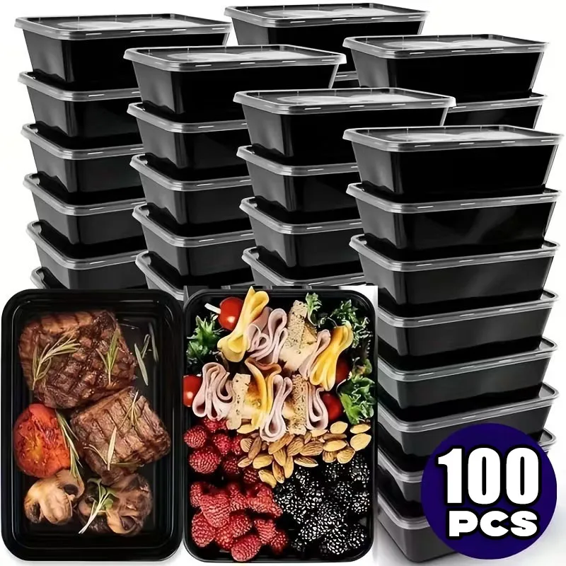 1-100 قطعة حاويات الطعام السوداء القابل للتصرف صندوق الوجبات الجاهزة البلاستيكية مع غطاء لتخزين سلطة السندويشات الفاكهة المطبخ الثلاجة