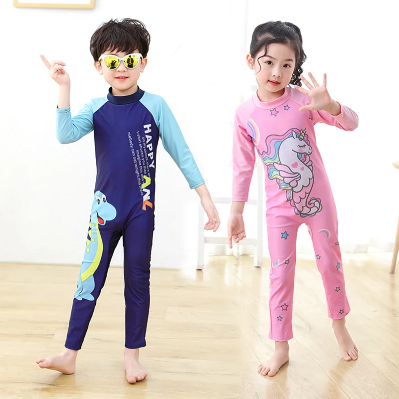 Chilren One-piece Swimsuit Long Sleeve Swimwear For Kids Toddler Girls Cartoon Unicorn Baby Boy Girl Korea Child Bathing Suit