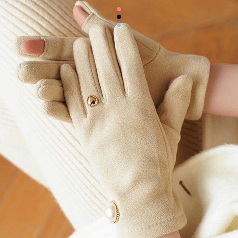 Women Winter Keep Warm Fingertips Clamshell Touch Screen Pearl Gloves Fashion Elegant Retro Luxury Fleece Soft Drive