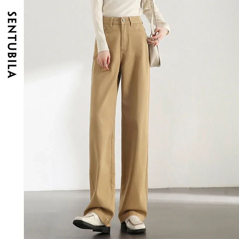 

SENTUBILA 2025 Spring Natural Waist Cotton Jeans Women Fashion Straight Solid Full-length Denim Trouser Travel Jeans W43N57727X
