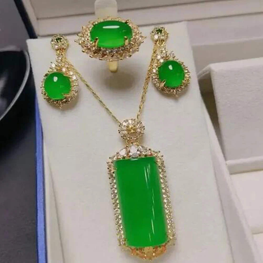 

Natural Burmese jade pendant necklace earrings Ring jewelry set