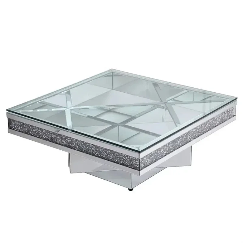 

Luxury silver crushed diamond mirror coffee table, attractive glass top, elegant home decoration