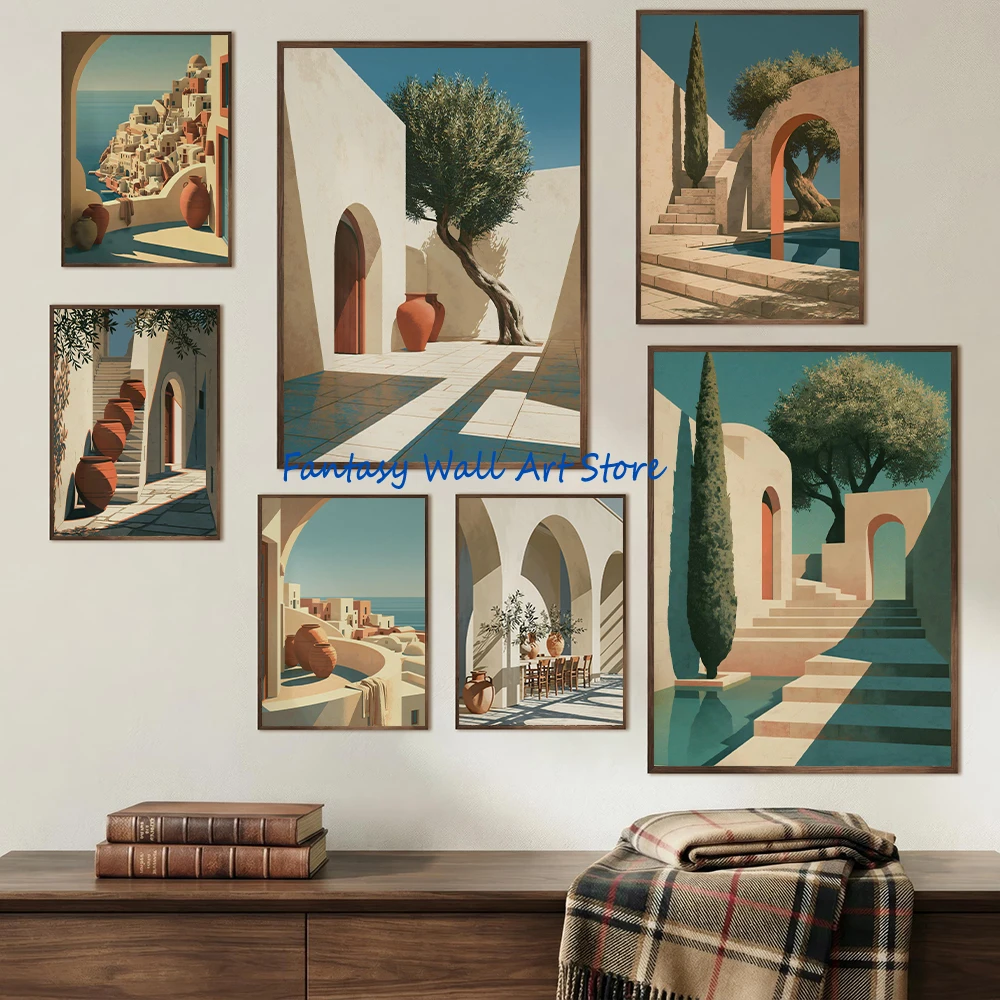Mediterranean Terrace Courtyard Lemon Arch Sea View Santorini Village Aegean Sea Poster Canvas Painting Wall Pictures Home Decor