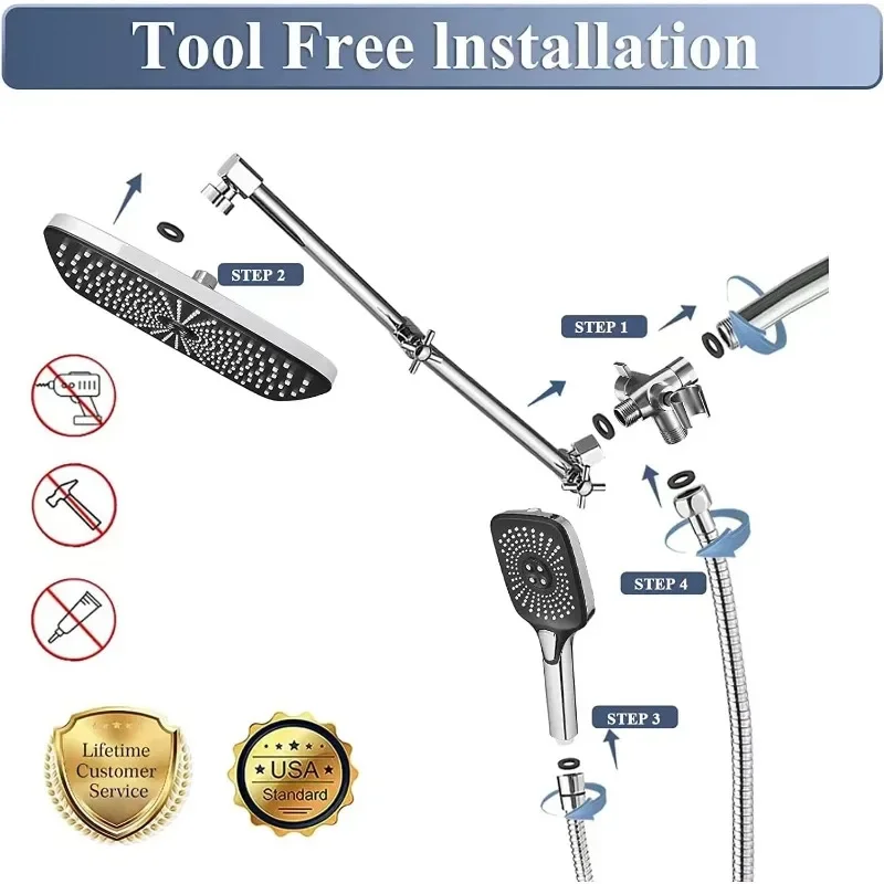 12 Inch Handheld,High-Pressure Rain/Rainfall Shower Heads With 3+1 Settings Handheld Spray,Extension Arm-Height/Angle Adjustable