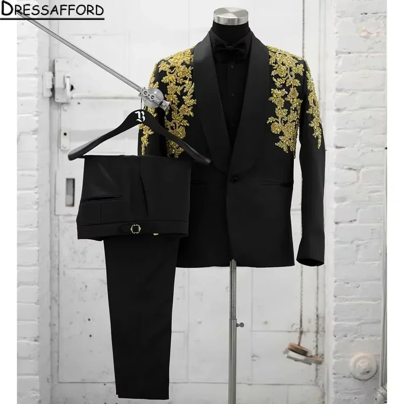 

Black Men Suits 2 Piece Gold Sequined Appliques New Fashion Business Casual Wear Party Wedding Groom Tuxedo Jacket And Pants