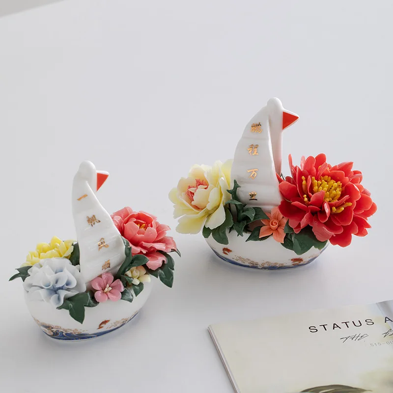 Hand Sculpted Peony Sailboat Ceramic Statue, Smooth Sailing Oriental Lucky Ornament Office Tabletop Housewarming Business Gift