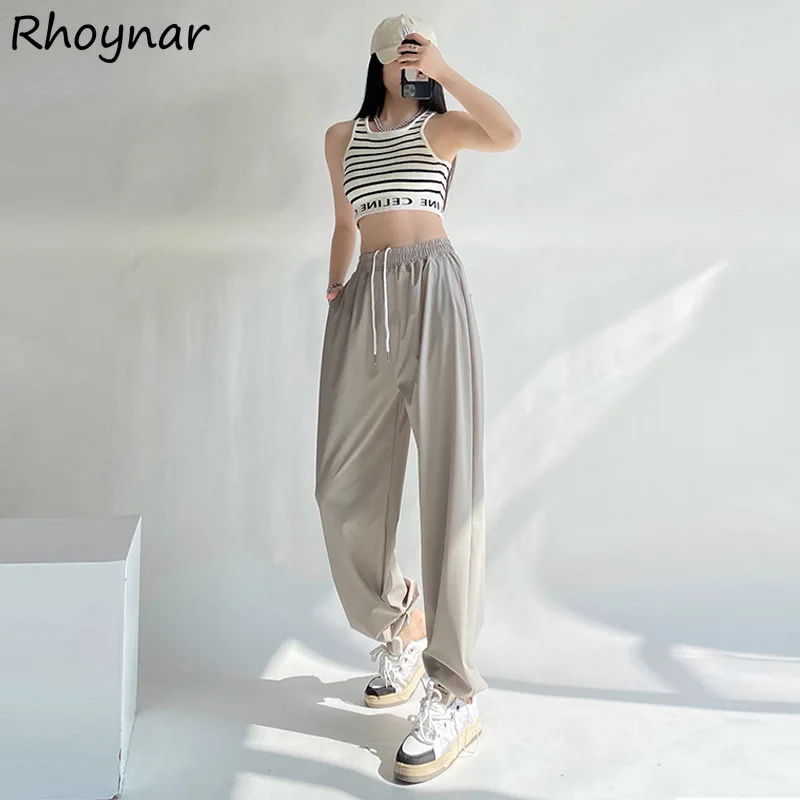 Solid Wide Leg Pants Women Spring Quick Dry Slim Loose Leisure All-match Draped Korean Style Fashion Cozy Lace-up Streetwear