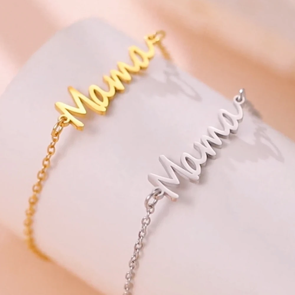My Shape Mama Bracelets for Mother's Day Gifts for Mom Grandmom Dainty Mother Stainless Steel Mama Letters Charms Bangle Jewelry