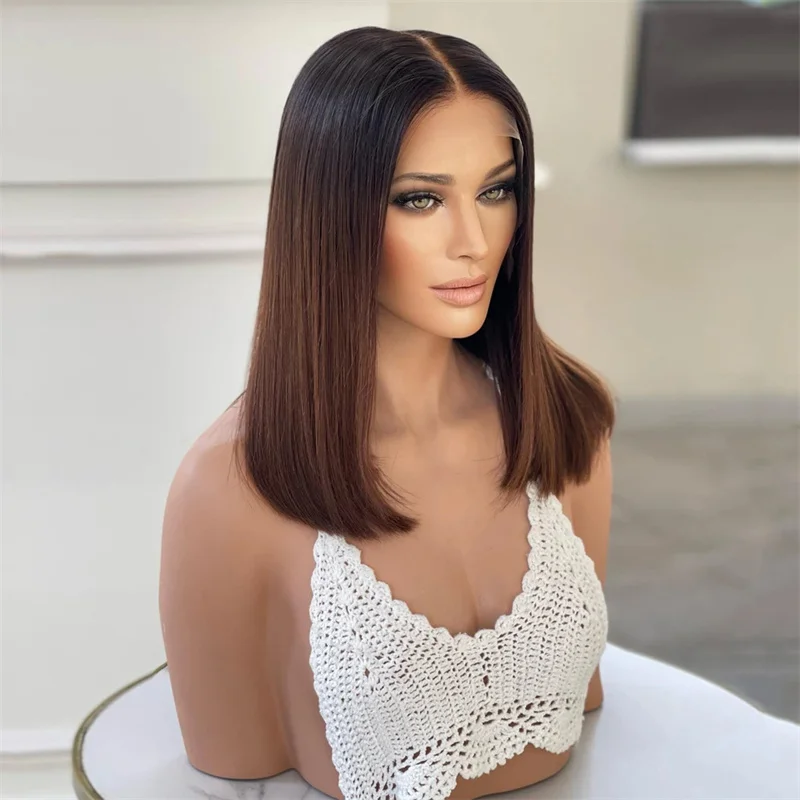 

Natural Long 26Inch Glueless 200Density Ombre Brown Straight Lace 5x5 Silk Base Human Hair Wig For Women BabyHair Preplucked