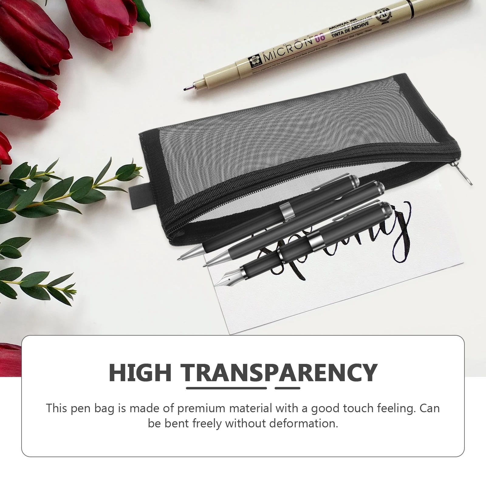 5Pcs Pencil Bag Nylon Net Transparent Pen Pouch Roomy Stationery Holder for School Office Simple Portable Design Gift Idea