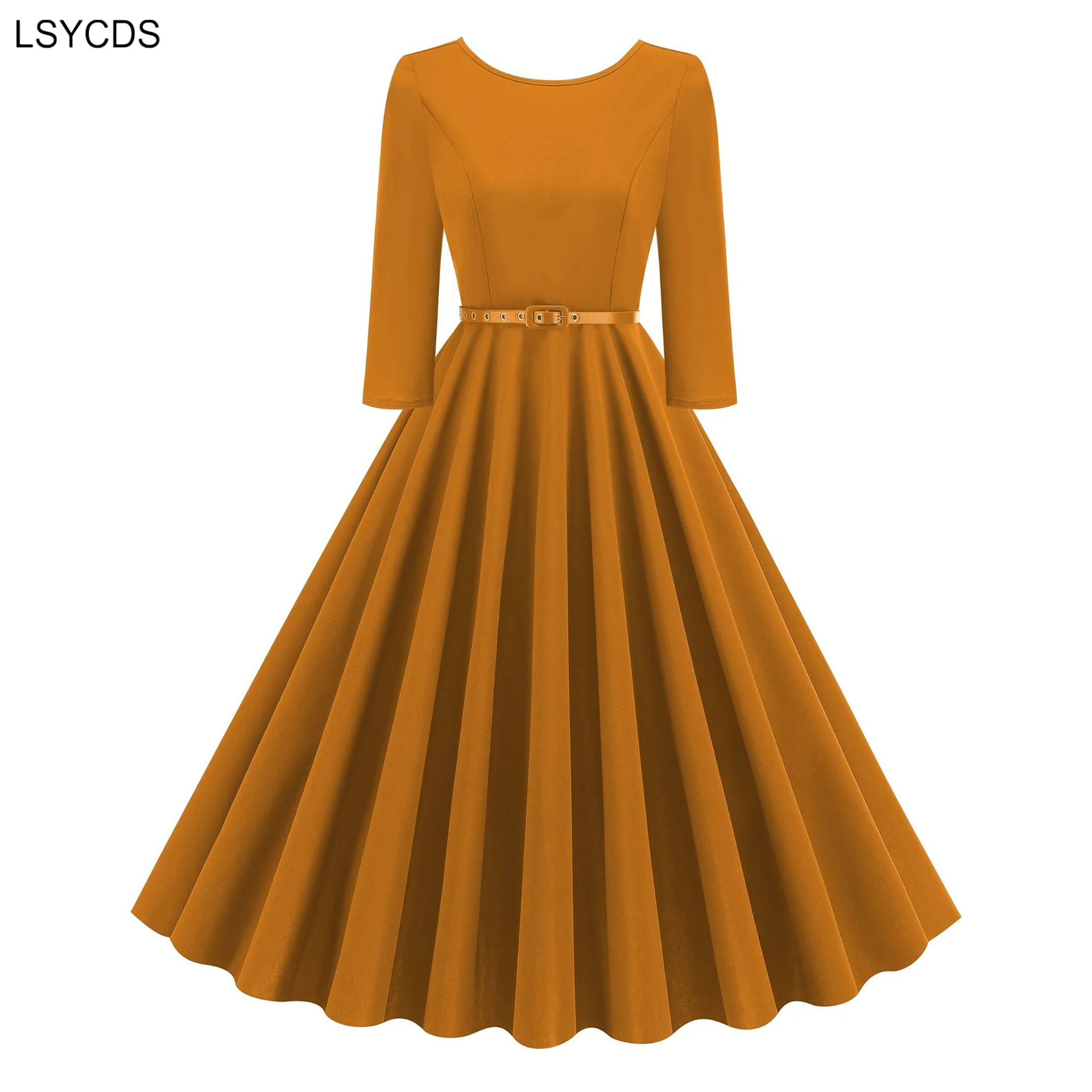 LSYCDS O-Neck Solid 1950s Style Plain Vintage Woman Dress 3/4 Length Sleeve Autumn Winter Women Belted Swing Party Dresses 2025