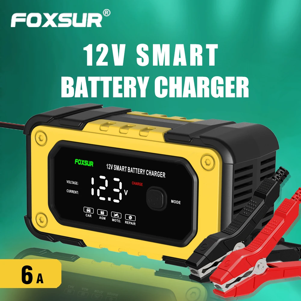

FOXSUR 12V Charger Motorcycle Car Battery Charger , Intelligent Repair Function 6A Charger , Repair Display Data Charger