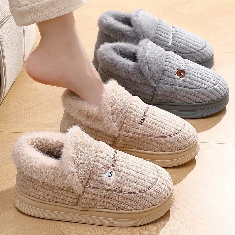 Winter Warm Slippers Women Men 4cm Thick Platform Corduroy House Shoes Cute Bunny Full Heel Plush Fleece Lined Indoor Home Boot view 4