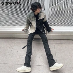 REDDACHIC Flowy Belt Wax Coated Men's Flare Jeans Black Retro Y2k Stretchy Skinny Bootcut Pants Hiphop Trousers Harajuku Clothes