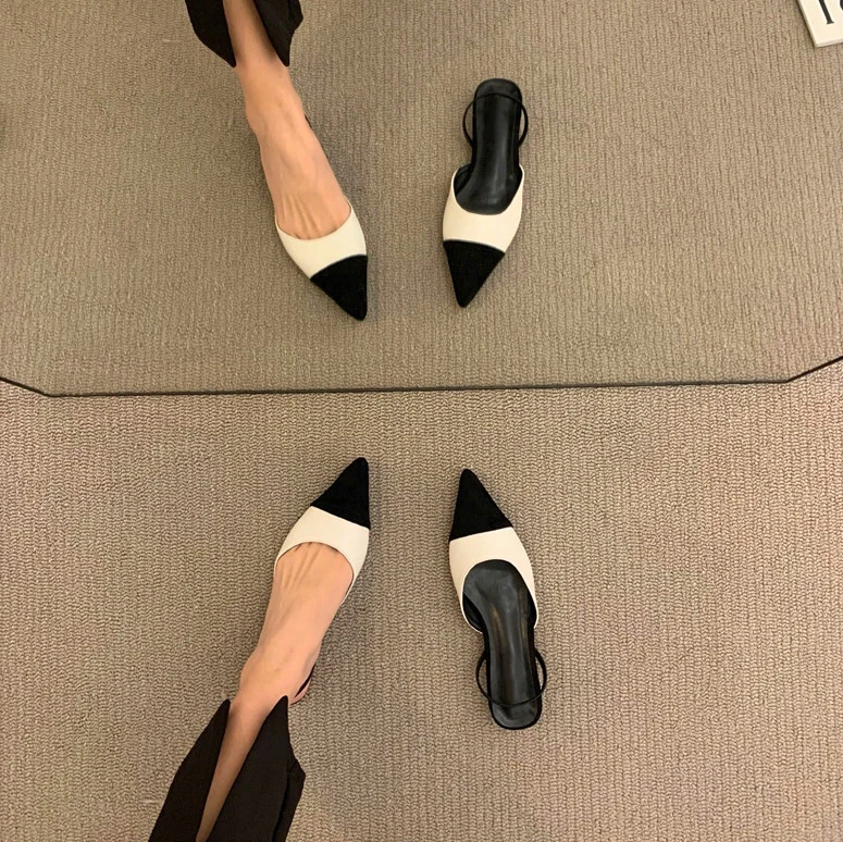 Elegant Summer New Women Sandals Splice Pointed Sexy Metal Color Flat Baotou Back Empty Fashion Ladies Mules Sandals Point Shoes