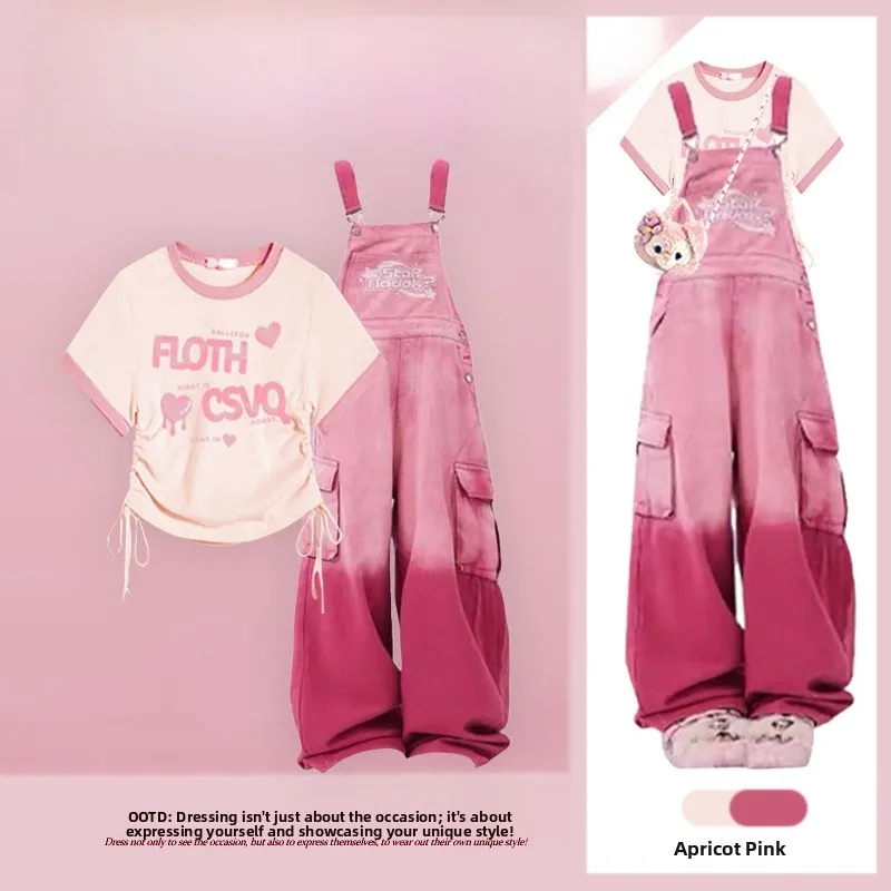 

Summer Anti-Aging Sweet Girl Dopane ort Sve T-irt Pink Slimming Denim Overalls Women's Faion Set Two-Piece Suit