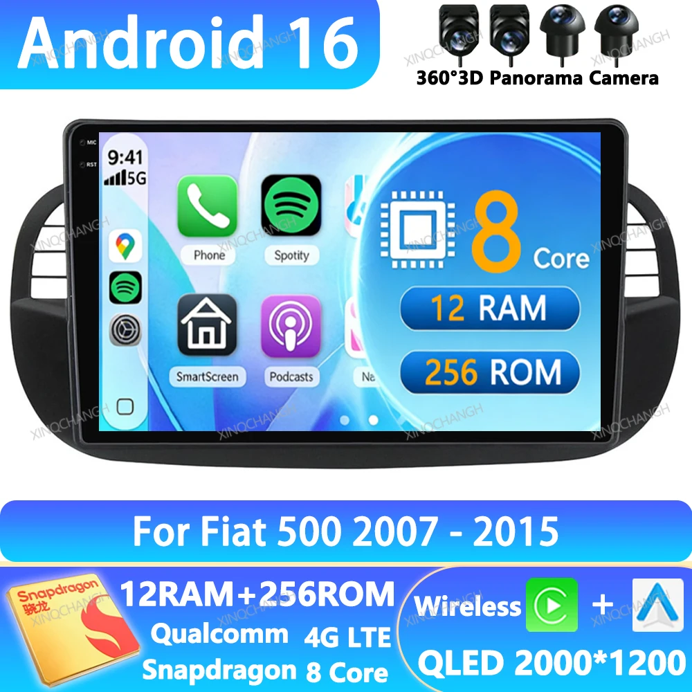 Android 16 Car Radio For FIAT 500 2007 - 2015 Carplay Auto Navigation Multimedia Stereo Video Player BT Head Unit QLED 4G WIFI