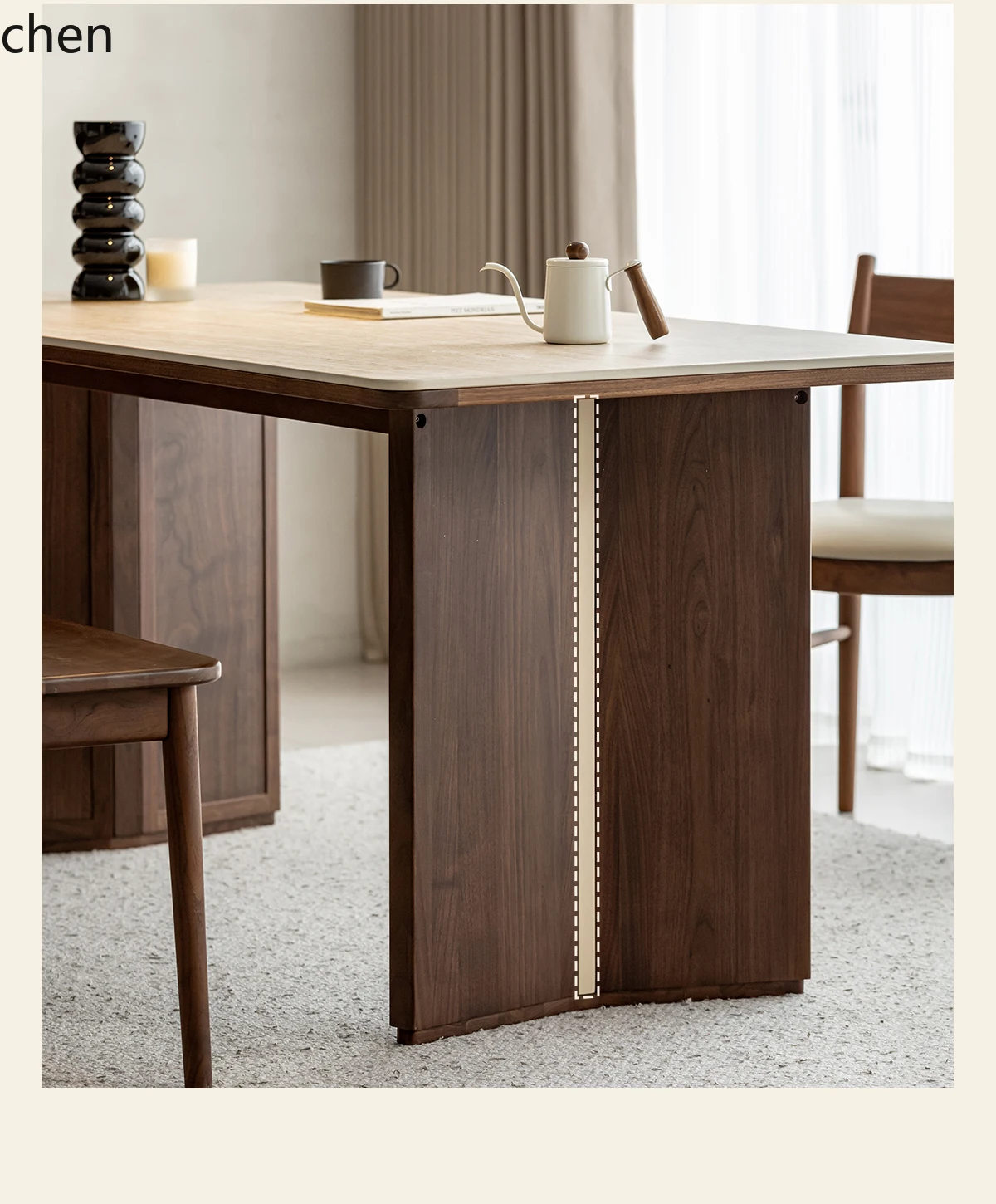 

LXC rock slab dining table solid wood small apartment retro thickened black walnut desk large board table