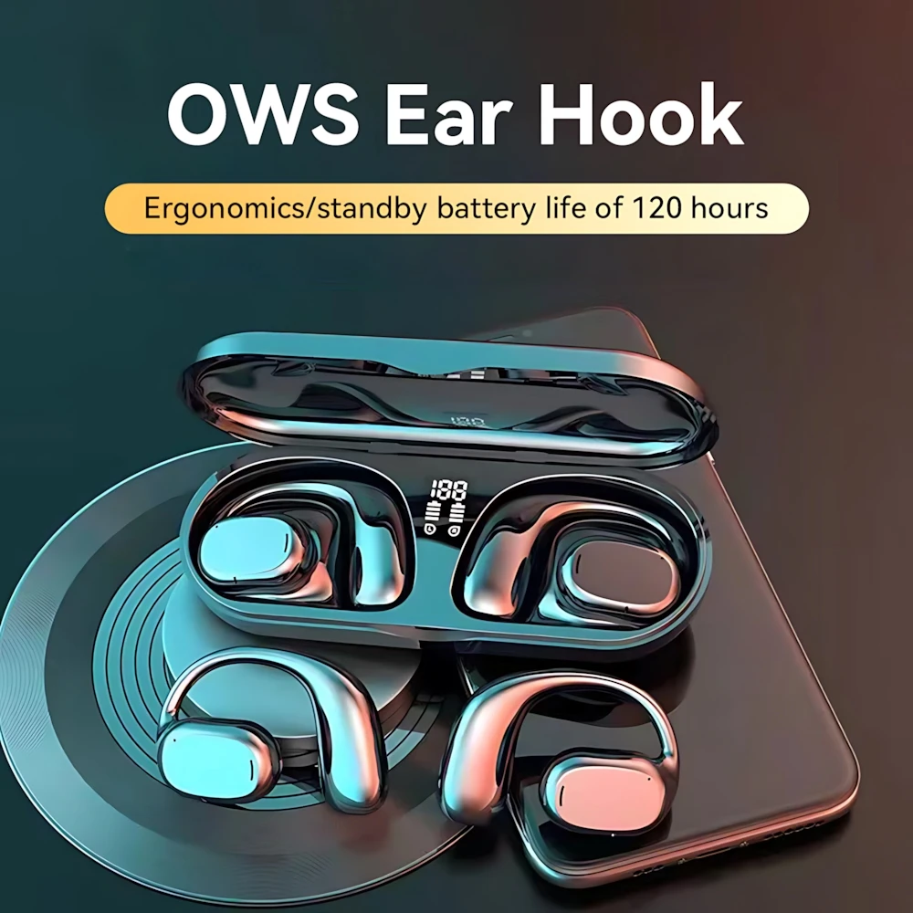EarHook Wireless Headsets Bone Conduction Headphones Sports Earbud Noise Canceling Earphones Display Touch Control Game Earpiece