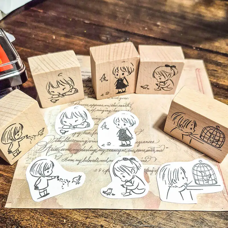 ختم سكرابوكينغ Kawaii فتاة وطيور قصة الطفولة الذاكرة مذكرات الديكور المجلات لطيف فتاة طوابع خشبية #2