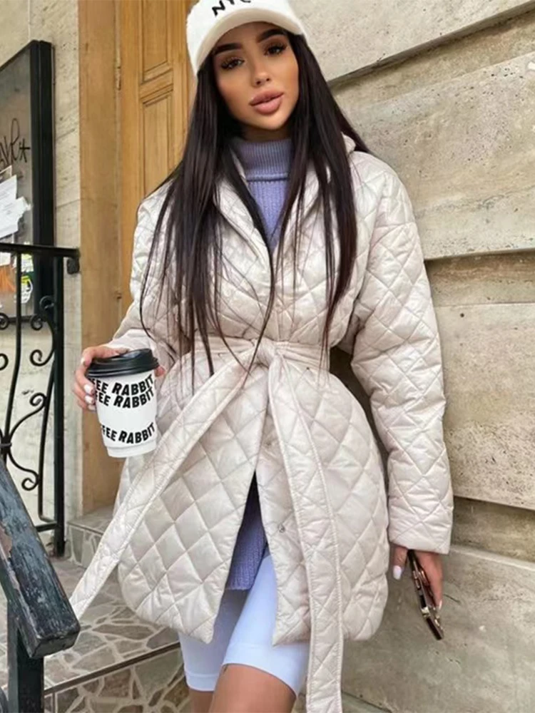 

Trendix Winter Lace Up Cardigan Puffer Women Fashion Lapel Slim Long Sleeve Outerwear Street Solid Patchwork Button Warm Jacket