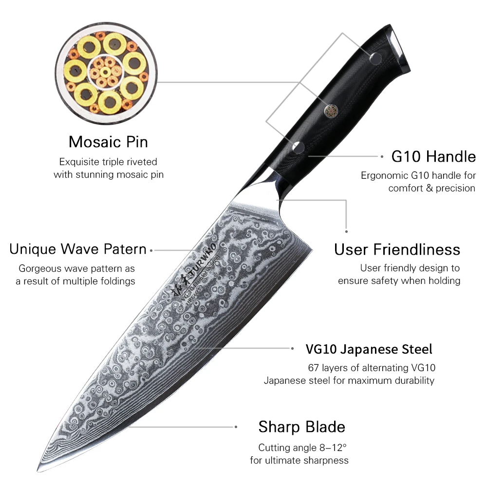 TURWHO Chef Knife 1-5 PCS Kitchen Knives Set 67 Layer Damascus Steel Japanese Nakiri Santoku Cleaver Slicing Bread Utility Knife