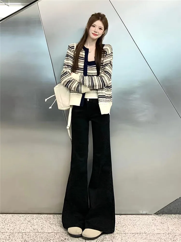 

American Retro Black Bell Bottom Jeans Women's Spring Autumn Slimming Loose Wide Leg Pants High Waist Extended Length