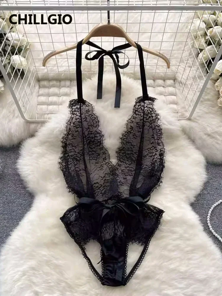 

CHILLGIO Women Sexy Floral Lace Strappy Rompers Ins Erotic Combination Bodysuits Lingerie Fashion One Piece Tranparent Catsuits