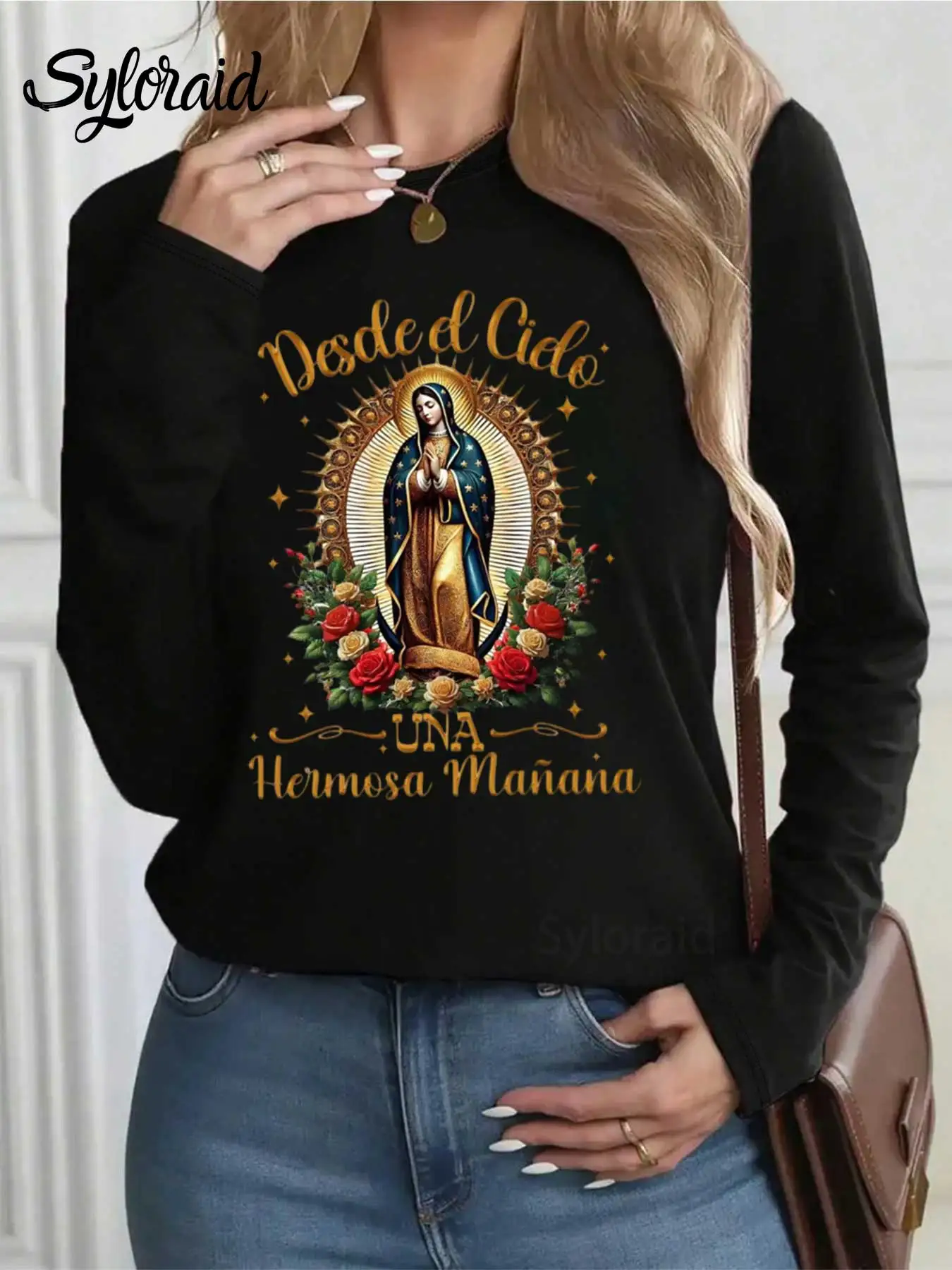 여성용 긴 소매 티셔츠 과달루페의 성모님 꽃무늬 프린트 티셔츠 패션 라운드 넥 캐주얼 탑