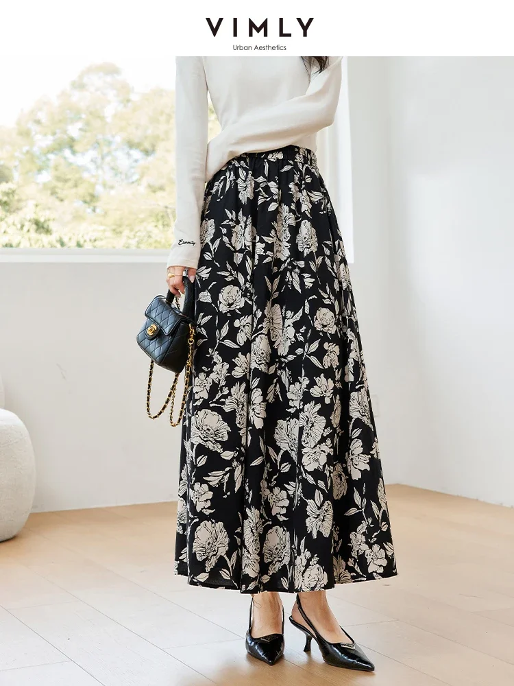 VIMLY Women's Urban Simple Floral Printed Elegant Skirts Autumn Female Elastic High Waist Holiday Style Office Lady A-Line Skirt