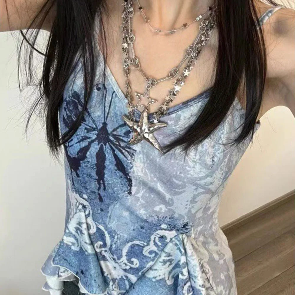 Slim Fit Blue Camisole with Irregular Hem & Frilly Details - Hot Girl Style Summer Top for Daily Wear & Commuting Wind