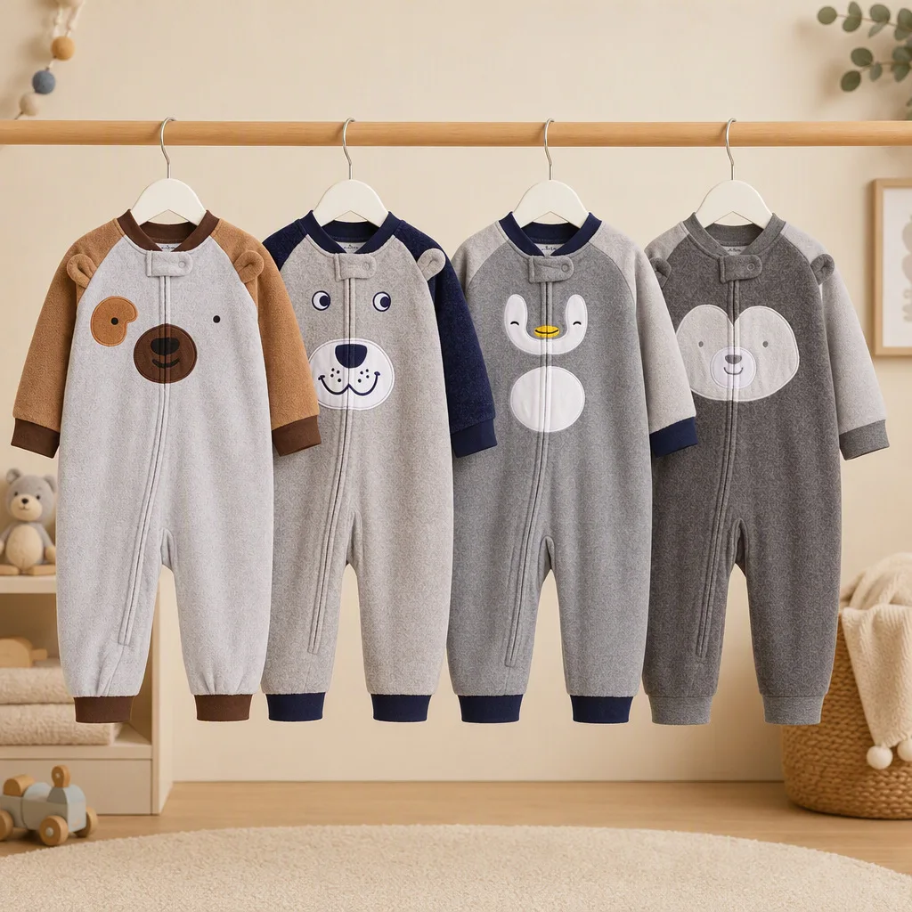 Infant Boys Raglan Contrast Sleeve Polar Fleece Zip Romper Cartoon Face Embroidery with 3D Ears Warm Autumn Winter Baby Jumpsuit