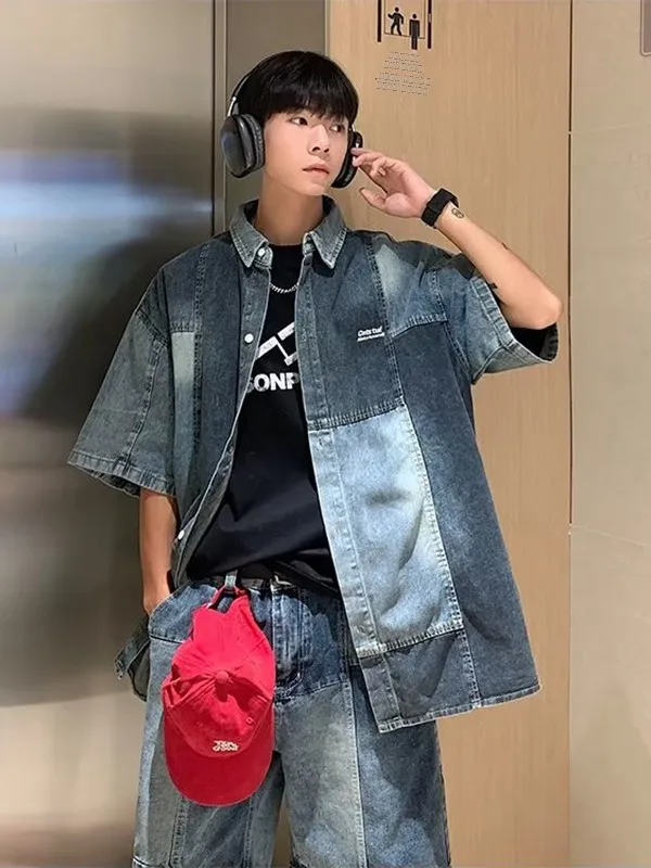 

Blue Denim Patchwork Casual Men's Set High Street Sle Two-Piece Suit for Teens Summer Collection ort Sve irt orts