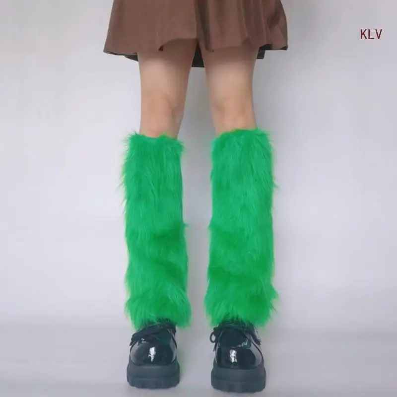 Fuzzy Boot Cuffs Leg Warmer for Women Girls Japanese Aesthetic Punk Solid Green Plush Leg Cover Knee Length Sock