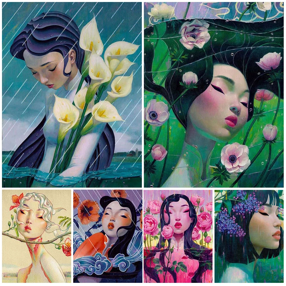 

Abstract Girl with Flower Woman Poster Wall Art Canvas Painting Home Decor Wall Pictures For Living Room Unframed