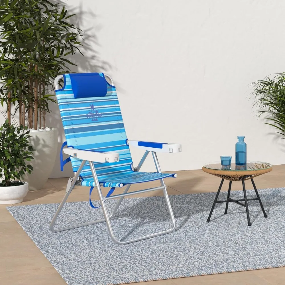 كرسي شاطئ طويل القامة قابل للطي خفيف الوزن ومحمول وشديد التحمل بوزن 500 رطل مع حامل أكواب للتخييم في الهواء الطلق والنزهات