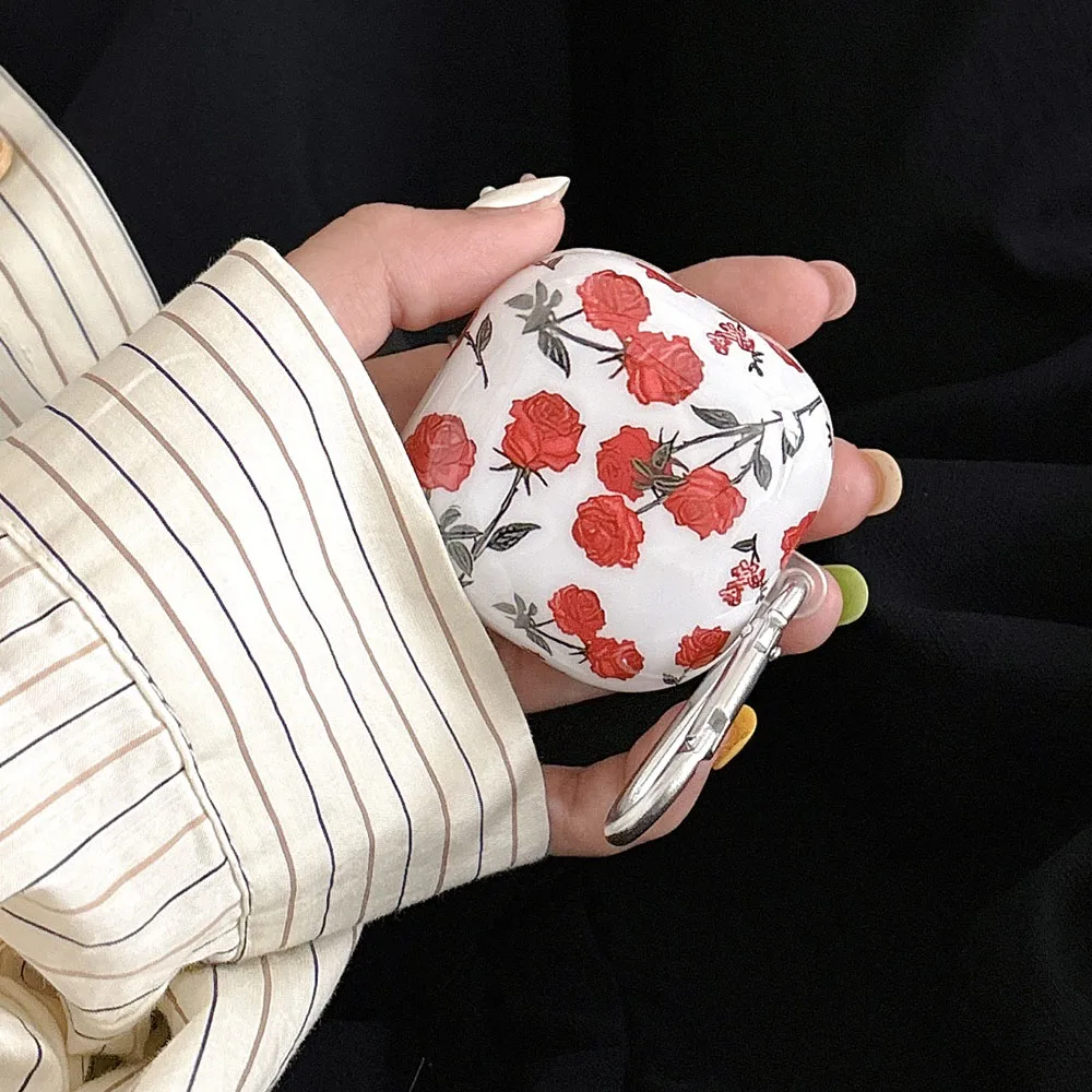 حافظة كورية باللون الأحمر الوردي لهاتف سامسونج جالاكسي Buds FE Buds 2 Pro مضادة للخدش على شكل زهرة غطاء سماعة أذن لهاتف Galaxy Buds Live 2 Pro