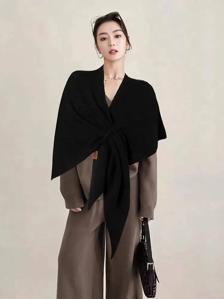 

Модный большой треугольный шарф с боковым ремнем, вязаный шерстяной шаль, женский весенне-осенний пончо, накидка, зимний шейный платок Babushka