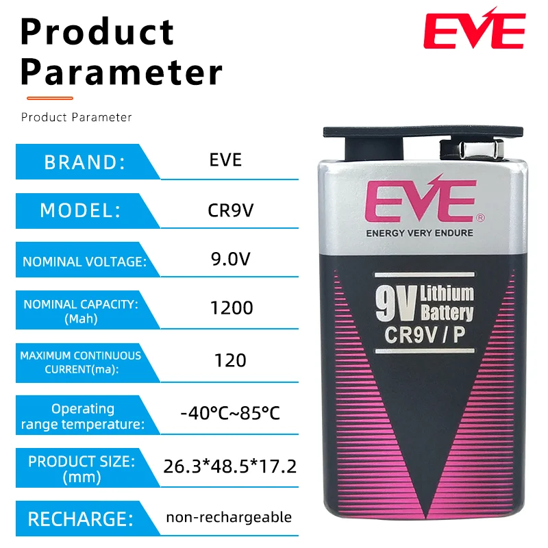 EVE CR9V 9V 1200mAh Lithium Primary Battery Non-rechargeable for Smoke Detector Multimeter Security Sensor