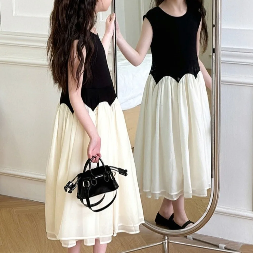

Round Neck Children Princess Dress Sleeveless Loose Kids Korean Long Dress Black White Suspenders Girls Splicing Mesh Skirt