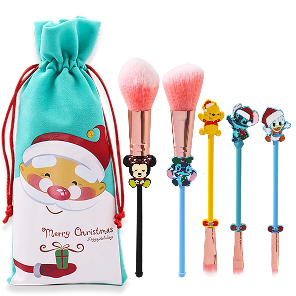 Disney-Juego de pinceles de maquillaje para mujer y niña, Set de 5 piezas, serie navideña, Mickey Mouse, Stitch, Pooh, Bear Handles, herramientas de maquillaje, regalos