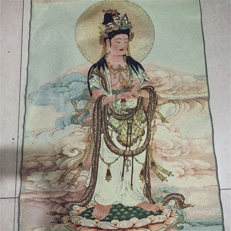 Chinese Old Brocade Embroidery Tangka,Wall Painting Mahasthamaprapta, Bodhisattva Buddha Statue