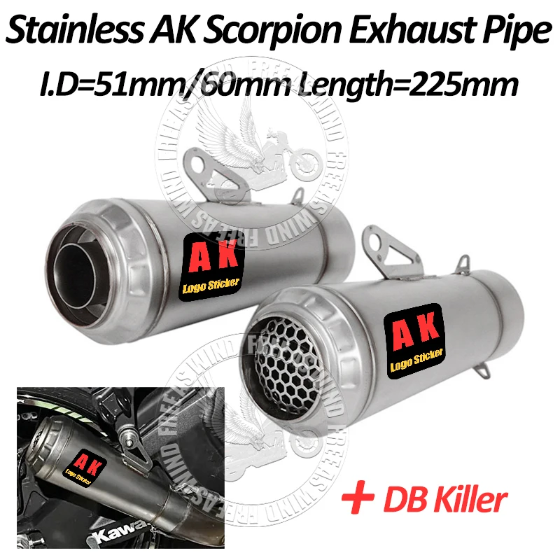 

Universal 51mm 60mm Scorpion AK Exhaust Muffler For kawasaki250 300 Z650 ZX6R R3 R6 R25 MT07 MT10 Etc Exhaust Tail Pipe Modified