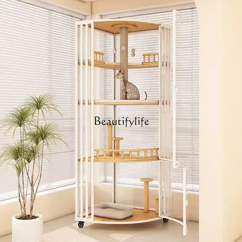 

06Corner Full Door Cat Villa Triangle Fan-Shaped Cat Cage Solid Wood Glass