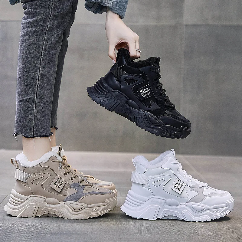 Zapatos deportivos de Invierno para mujer, zapatillas de plataforma a la moda con piel, botas de nieve cálidas, zapatos de monopatín de seguridad