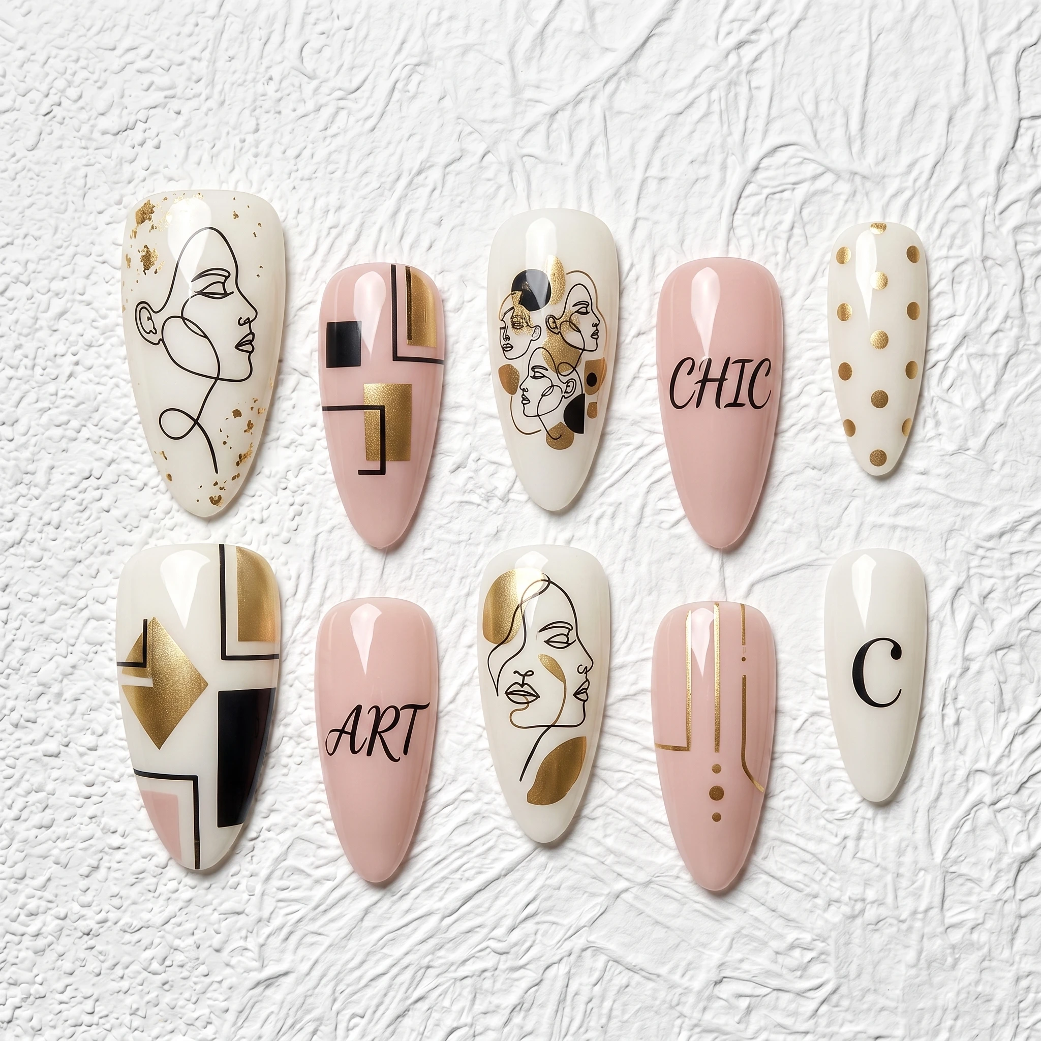 Artisan Handcrafted 10PCS Artistic & Modern Almond Press-On Nails | Line Art Faces, Geometric Gold, Black Script, Polka Dots, Br