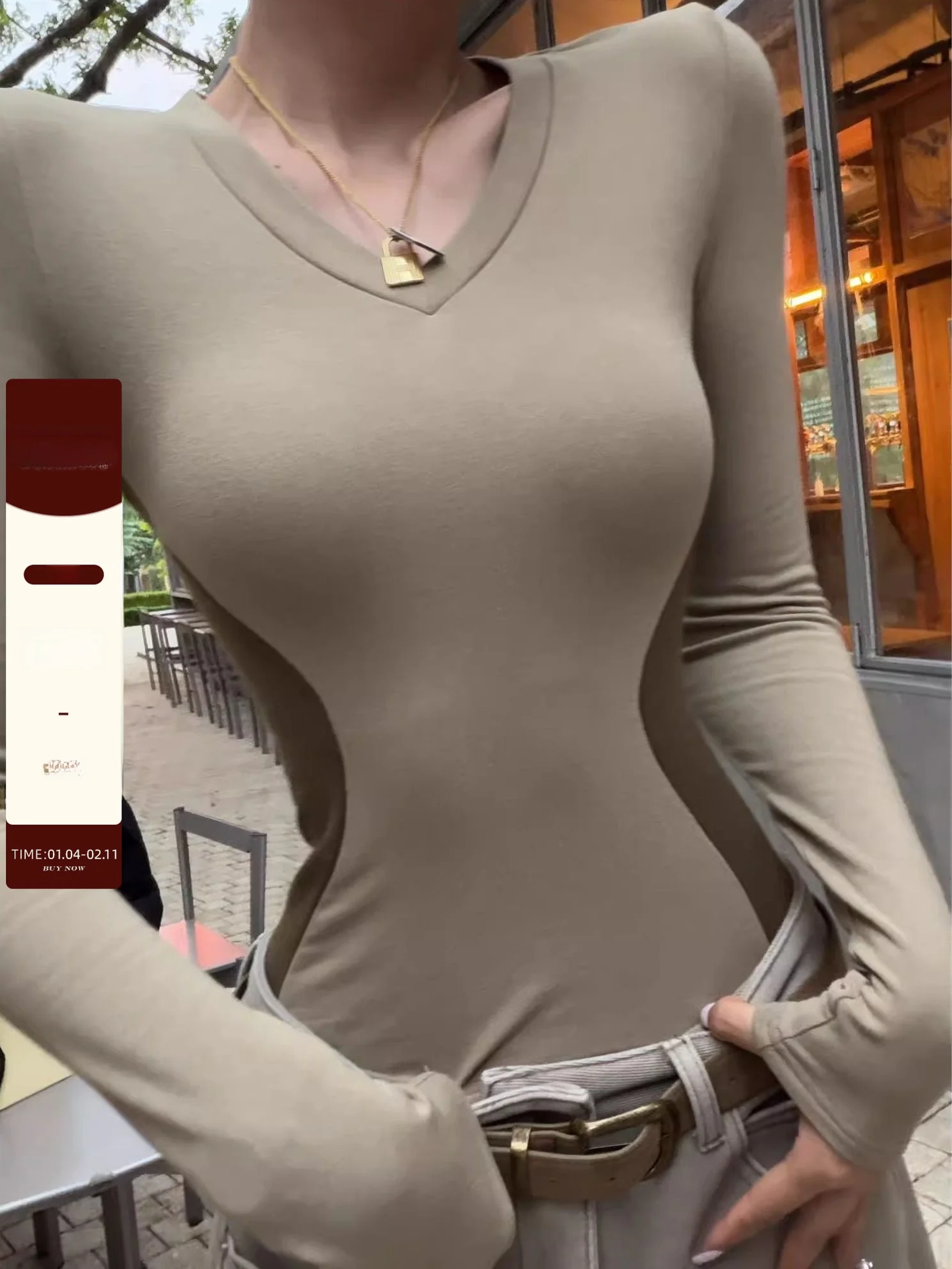 

Ele V-Ne Fce-Lined Long Sve Slim Fit Top with Devil Waist Design by Li Wan Jun Korean Sle Casual Wear for Women
