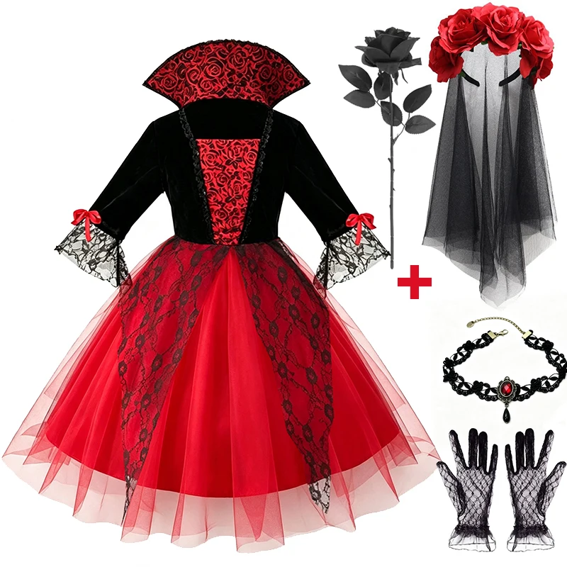 Girls Gothic Dark Vampire Bride Costume Lace Tulle Dress Rose Veil Fan Accessories Kids Halloween Cosplay Party Fancy Outfit image 6