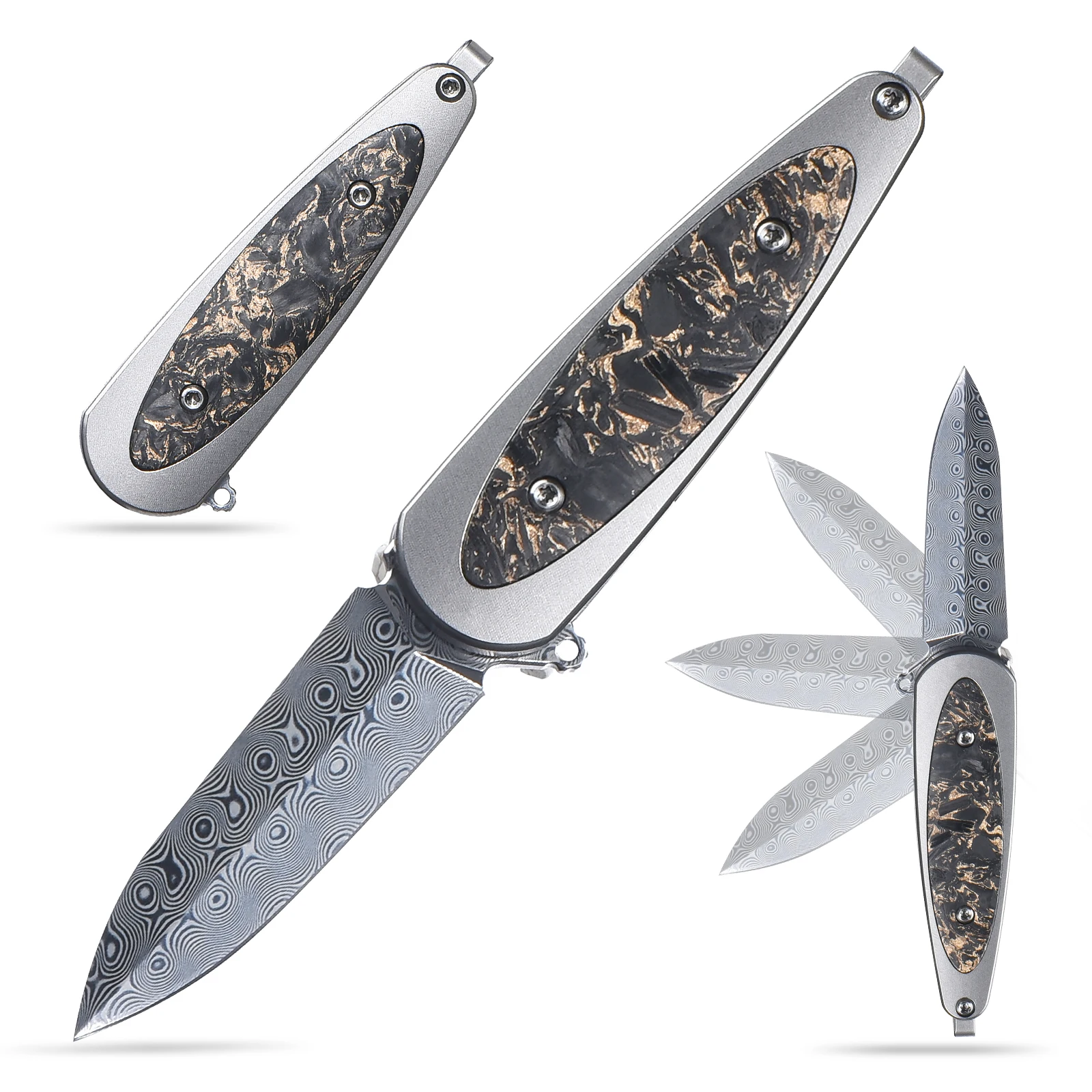 

Sitivien ST228 Folding Camping Knife Damascus Steel Blade Copper Platinum Carbon Fiber Inlays Handle EDC Knifes for Collection